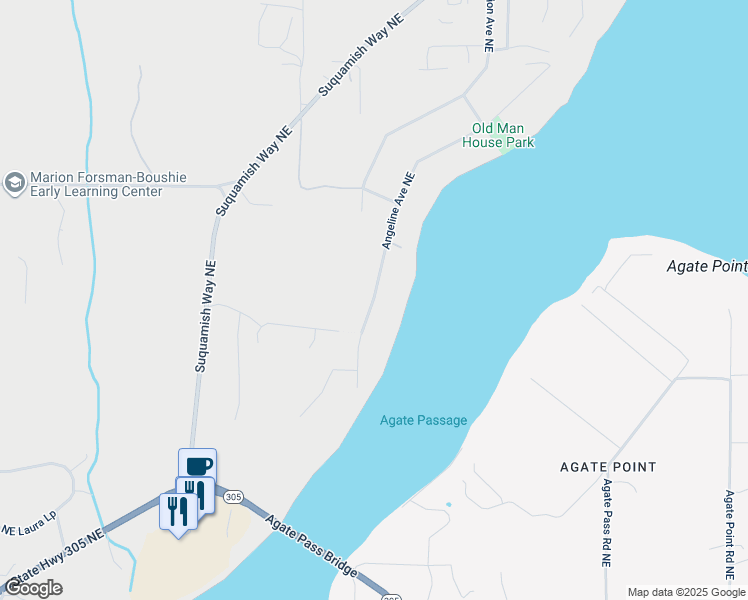 map of restaurants, bars, coffee shops, grocery stores, and more near 17187 South Angeline Avenue Northeast in Suquamish