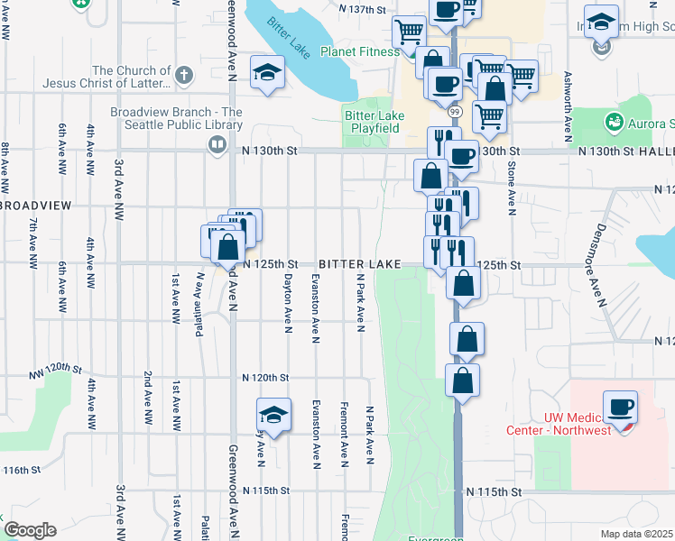 map of restaurants, bars, coffee shops, grocery stores, and more near 12257 Fremont Avenue North in Seattle