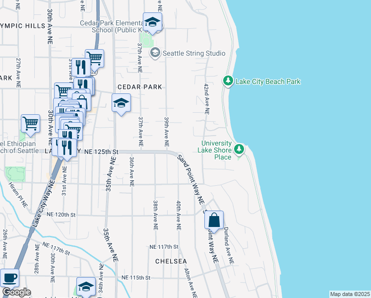 map of restaurants, bars, coffee shops, grocery stores, and more near 4018 Northeast 125th Street in Seattle