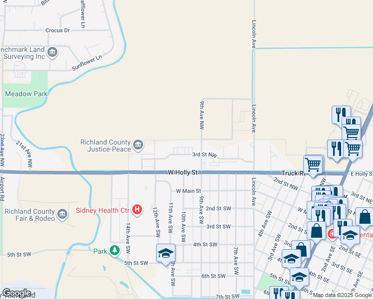 map of restaurants, bars, coffee shops, grocery stores, and more near 1001 3rd Street Northwest in Sidney