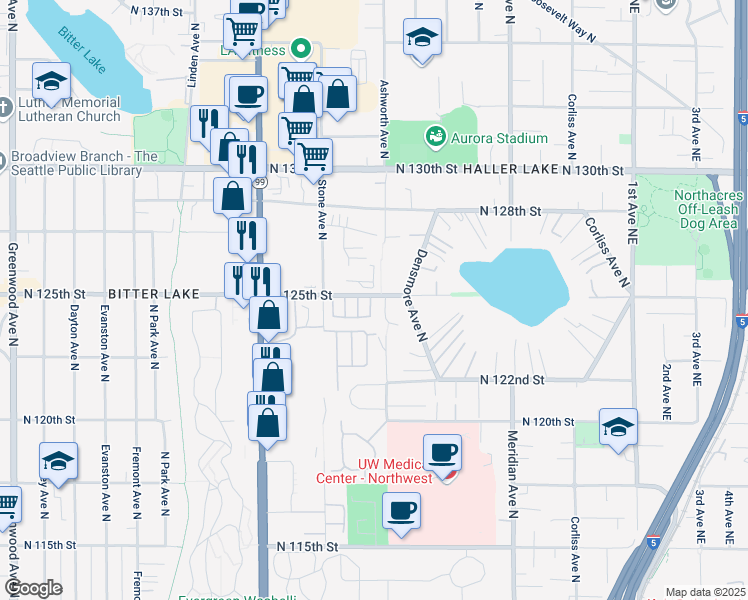 map of restaurants, bars, coffee shops, grocery stores, and more near 25 North 125th Street in Seattle