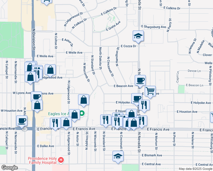map of restaurants, bars, coffee shops, grocery stores, and more near 608 East Addison Drive in Spokane