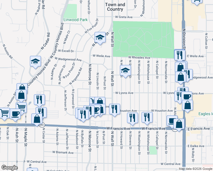 map of restaurants, bars, coffee shops, grocery stores, and more near 6718 North Post Street in Spokane