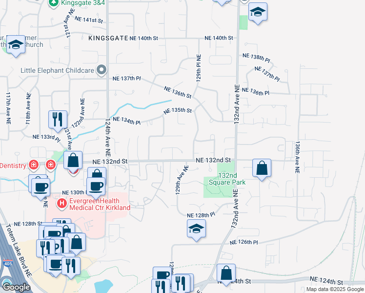 map of restaurants, bars, coffee shops, grocery stores, and more near 12820 NE 132nd Pl in Kirkland