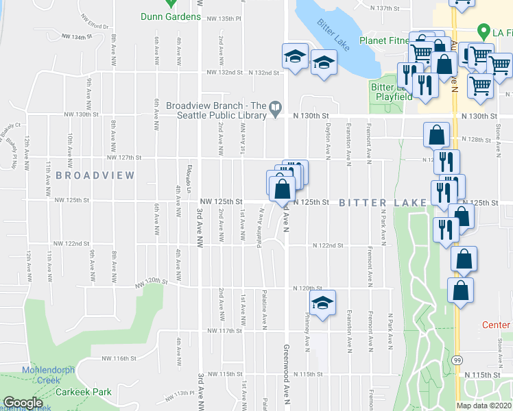 map of restaurants, bars, coffee shops, grocery stores, and more near 12258 1st Avenue Northwest in Seattle