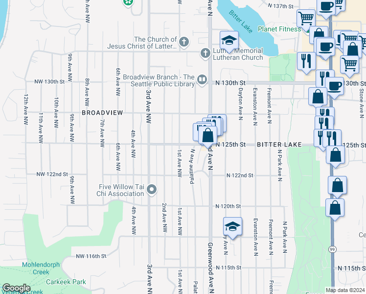map of restaurants, bars, coffee shops, grocery stores, and more near 12258 1st Avenue Northwest in Seattle