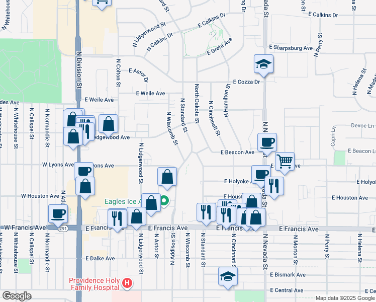 map of restaurants, bars, coffee shops, grocery stores, and more near 6805 North Standard Street in Spokane