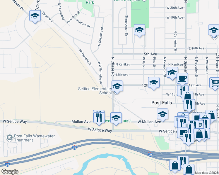 map of restaurants, bars, coffee shops, grocery stores, and more near 1170 North Kaniksu Street in Post Falls