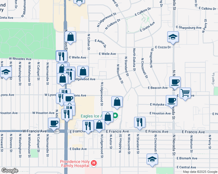 map of restaurants, bars, coffee shops, grocery stores, and more near 6902 North Lidgerwood Street in Spokane