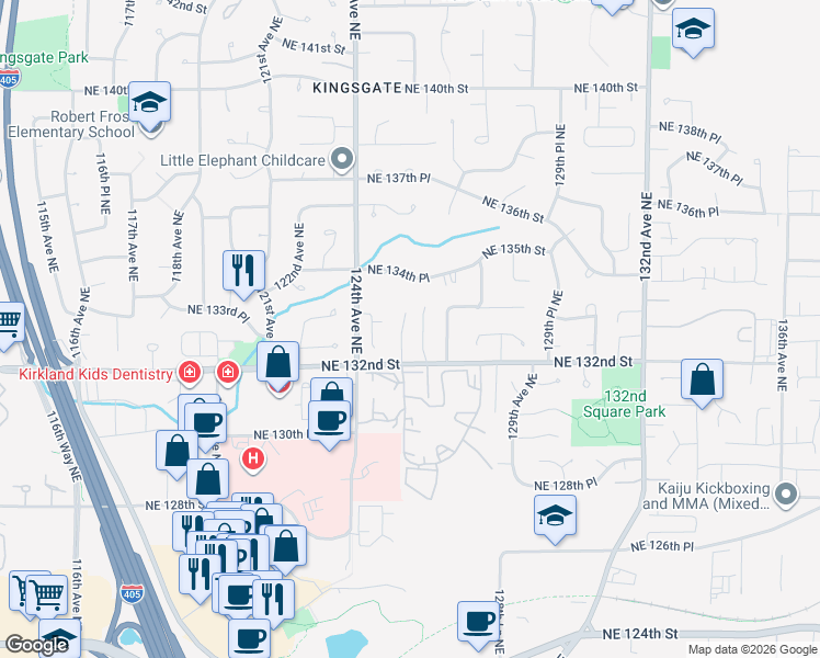 map of restaurants, bars, coffee shops, grocery stores, and more near 13300 125th Avenue Northeast in Kirkland
