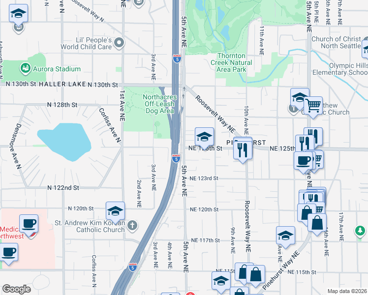 map of restaurants, bars, coffee shops, grocery stores, and more near 5th Ave NE & NE 125th St in Seattle