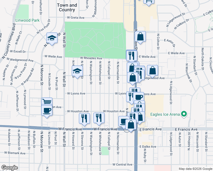map of restaurants, bars, coffee shops, grocery stores, and more near 6721 North Calispel Street in Spokane