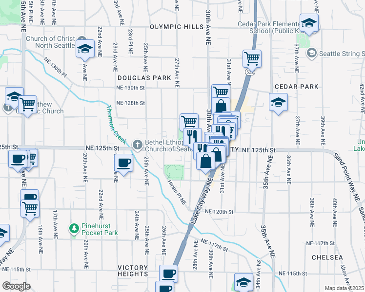 map of restaurants, bars, coffee shops, grocery stores, and more near 12501-12525 28th Avenue Northeast in Seattle