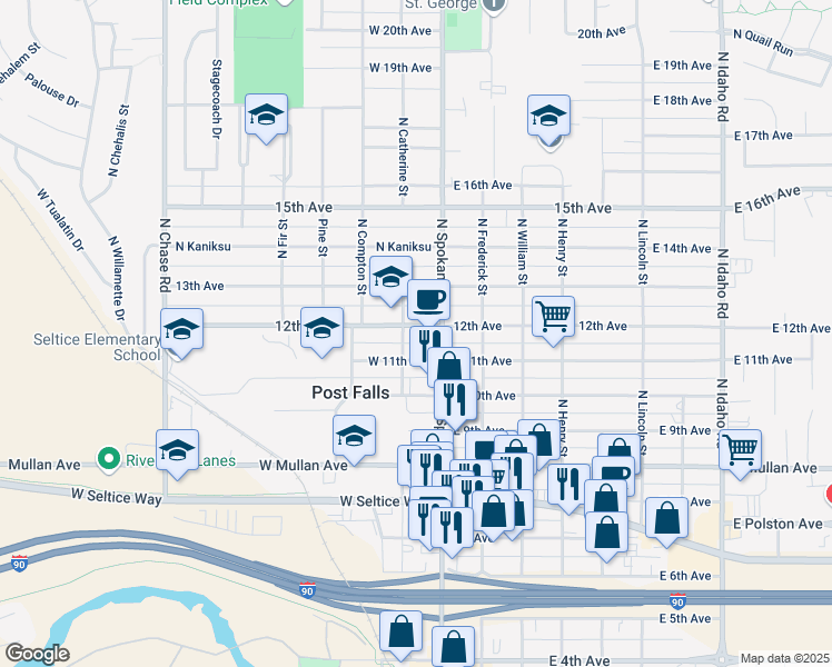 map of restaurants, bars, coffee shops, grocery stores, and more near 105 West 12th Avenue in Post Falls