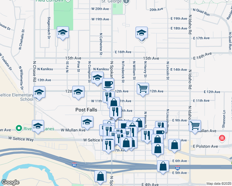 map of restaurants, bars, coffee shops, grocery stores, and more near 106 East 12th Avenue in Post Falls