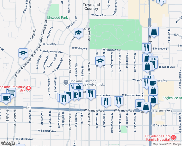 map of restaurants, bars, coffee shops, grocery stores, and more near 6722 North Wall Street in Spokane