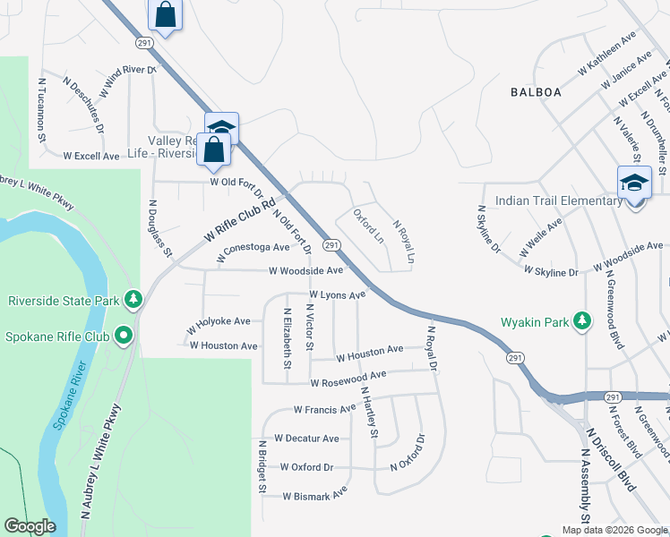 map of restaurants, bars, coffee shops, grocery stores, and more near 5126 West Woodside Avenue in Spokane