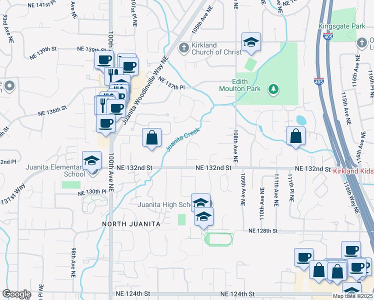 map of restaurants, bars, coffee shops, grocery stores, and more near 105th Avenue Northeast in Kirkland