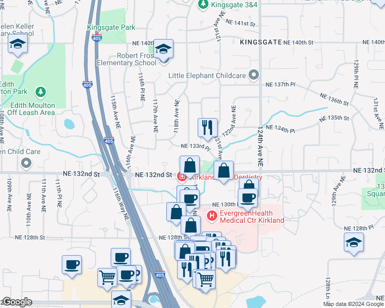 map of restaurants, bars, coffee shops, grocery stores, and more near 11954 Northeast 132nd Lane in Kirkland
