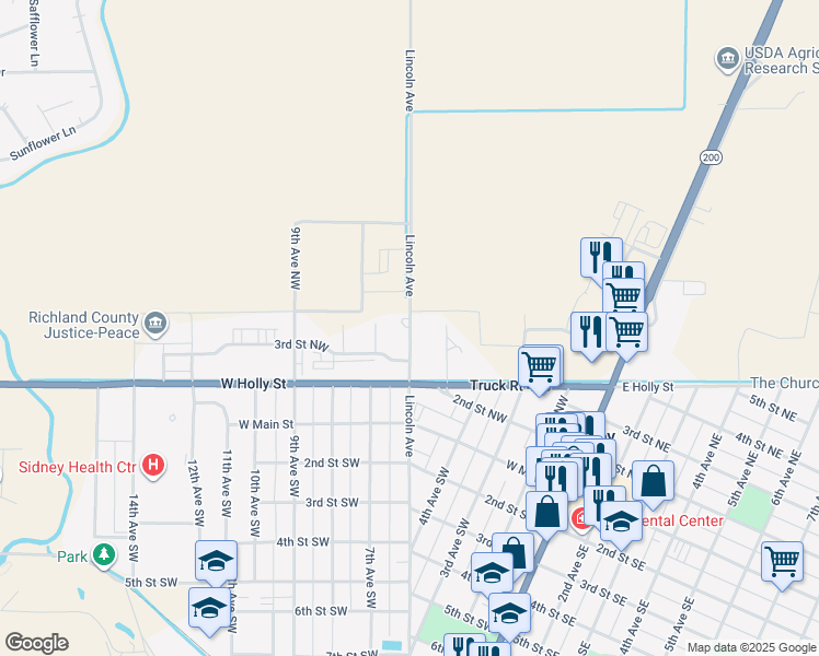 map of restaurants, bars, coffee shops, grocery stores, and more near Northwest Lincoln in Sidney