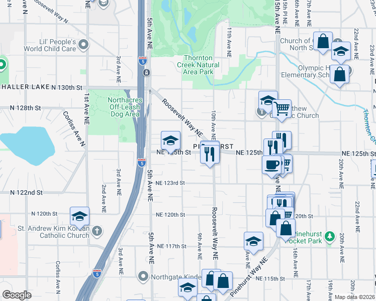 map of restaurants, bars, coffee shops, grocery stores, and more near 808 Northeast 125th Street in Seattle