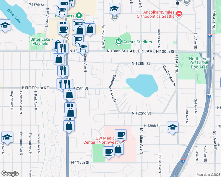 map of restaurants, bars, coffee shops, grocery stores, and more near Densmore Avenue North & North 125th Street in Seattle