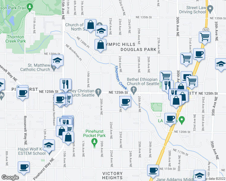 map of restaurants, bars, coffee shops, grocery stores, and more near 12504 22nd Avenue Northeast in Seattle
