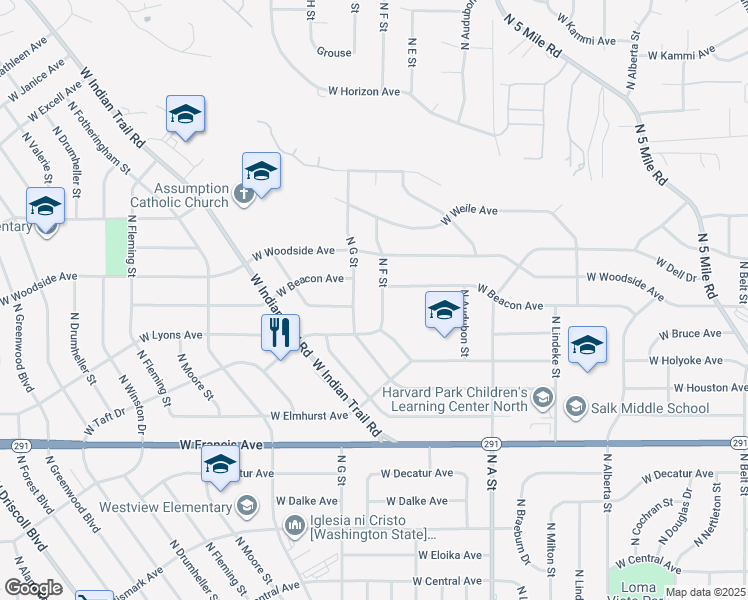 map of restaurants, bars, coffee shops, grocery stores, and more near 6815 N F St in Spokane