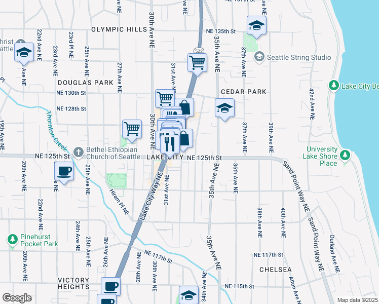 map of restaurants, bars, coffee shops, grocery stores, and more near 3212 Northeast 125th Street in Seattle