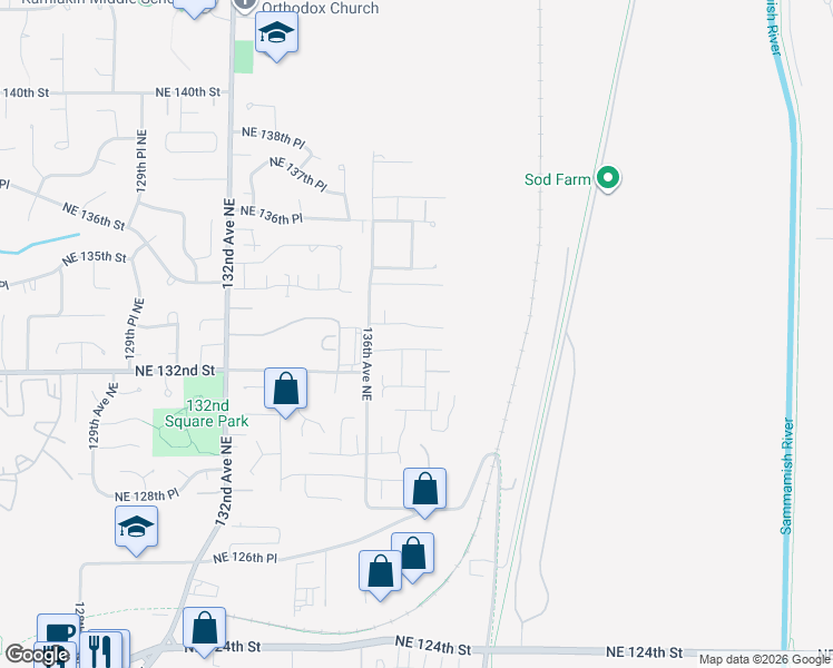 map of restaurants, bars, coffee shops, grocery stores, and more near 13707 Northeast 133rd Place in Kirkland
