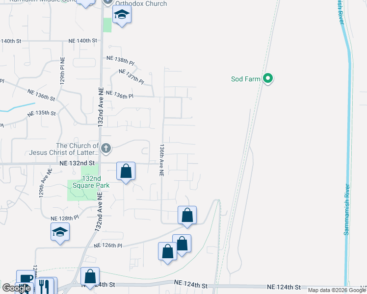 map of restaurants, bars, coffee shops, grocery stores, and more near 13707 Northeast 133rd Place in Kirkland
