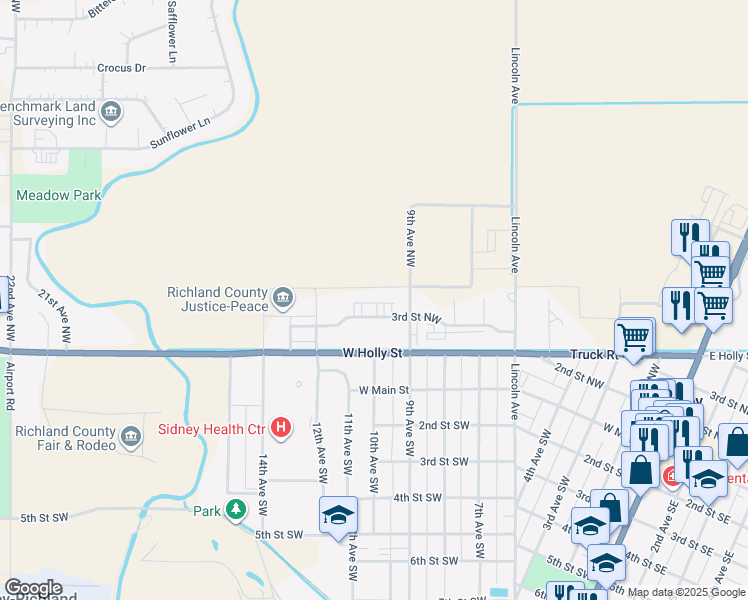map of restaurants, bars, coffee shops, grocery stores, and more near 1001 3rd Street Northwest in Sidney