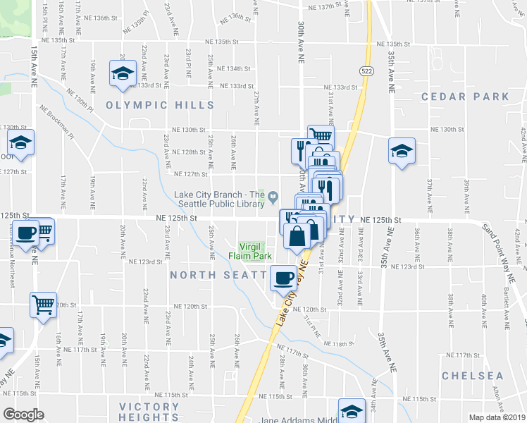 map of restaurants, bars, coffee shops, grocery stores, and more near 302 Northeast Northgate Way in Seattle