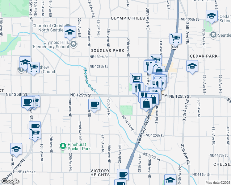 map of restaurants, bars, coffee shops, grocery stores, and more near 12505 26th Avenue Northeast in Seattle