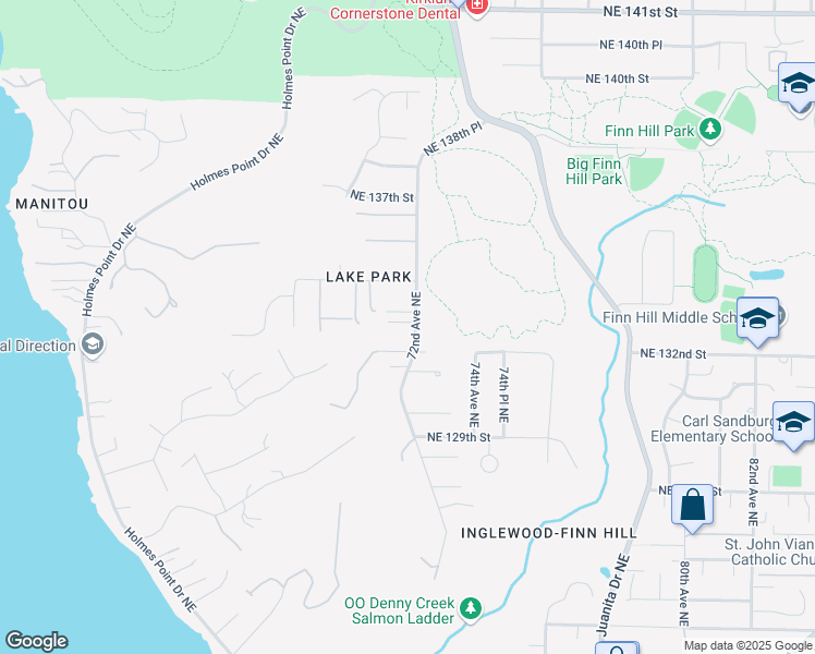 map of restaurants, bars, coffee shops, grocery stores, and more near 7135 Northeast 132nd Lane in Kirkland