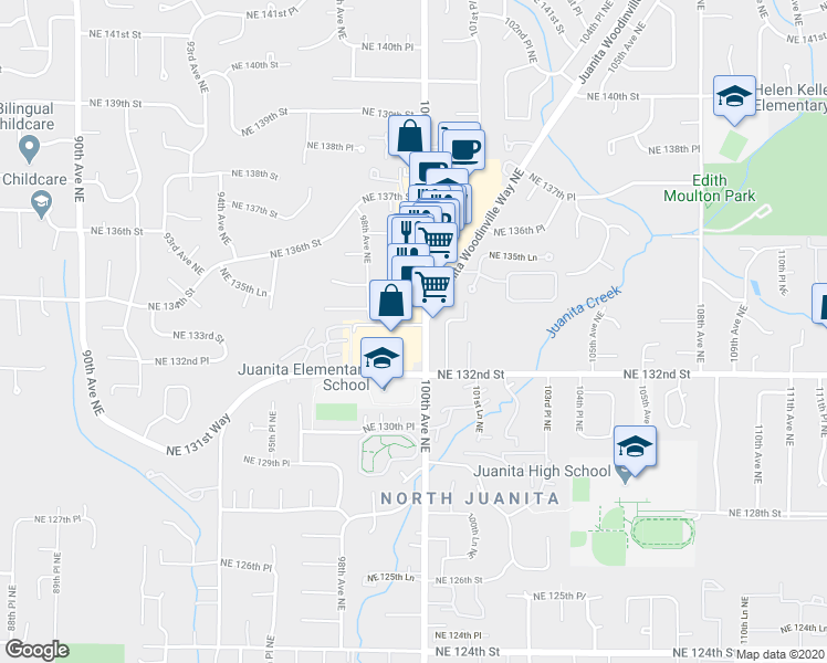 map of restaurants, bars, coffee shops, grocery stores, and more near 13233 100th Avenue Northeast in Kirkland