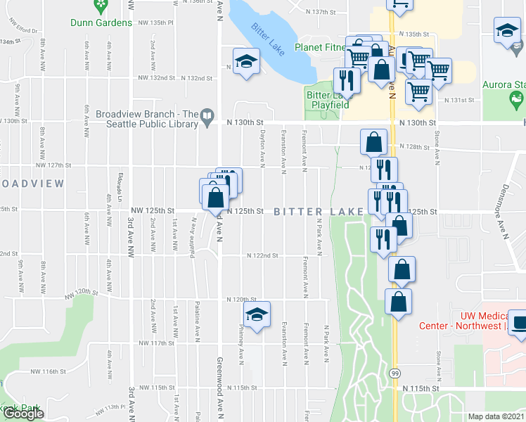 map of restaurants, bars, coffee shops, grocery stores, and more near Dayton Ave N & N 125th St in Seattle