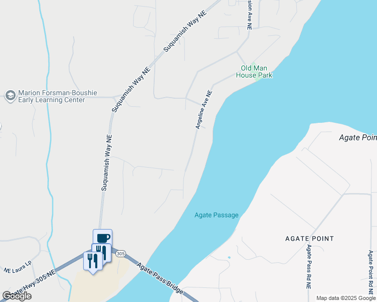 map of restaurants, bars, coffee shops, grocery stores, and more near 17187 S Angeline Avenue Northeast in Suquamish