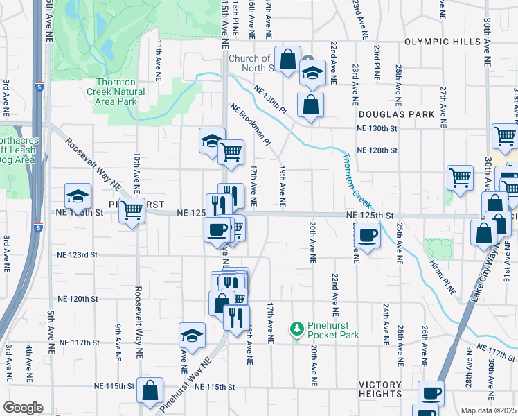 map of restaurants, bars, coffee shops, grocery stores, and more near 12504 17th Avenue Northeast in Seattle