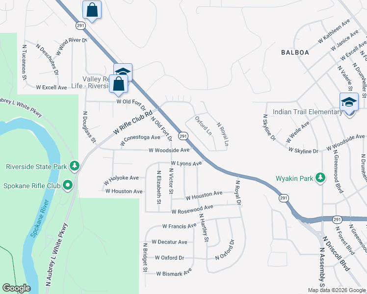map of restaurants, bars, coffee shops, grocery stores, and more near 5124 West Woodside Avenue in Spokane