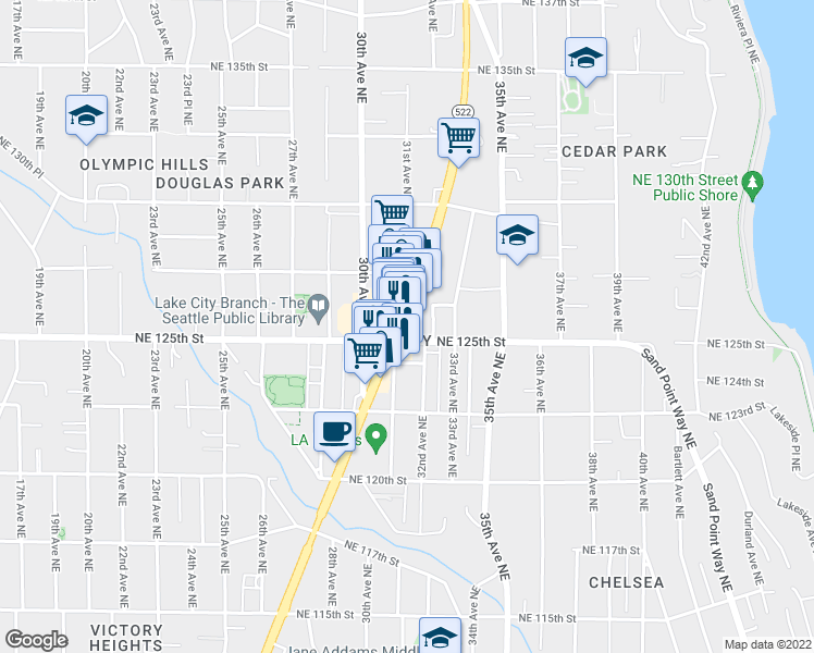 map of restaurants, bars, coffee shops, grocery stores, and more near in Seattle