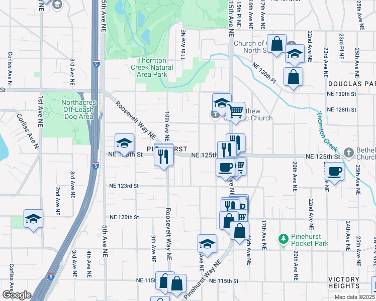 map of restaurants, bars, coffee shops, grocery stores, and more near 1052 Northeast 125th Street in Seattle