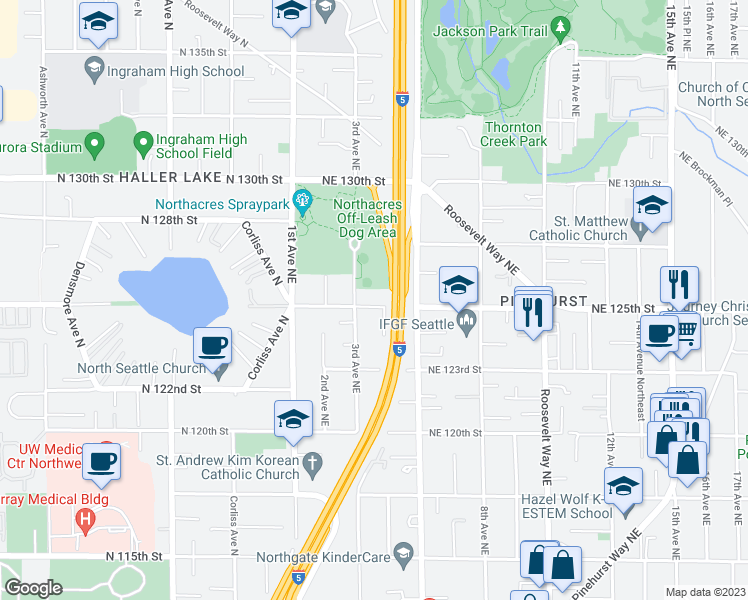 map of restaurants, bars, coffee shops, grocery stores, and more near 316 Northeast 125th Street in Seattle