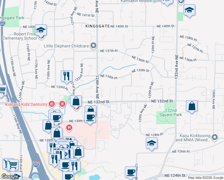 map of restaurants, bars, coffee shops, grocery stores, and more near 13300 125th Avenue Northeast in Kirkland