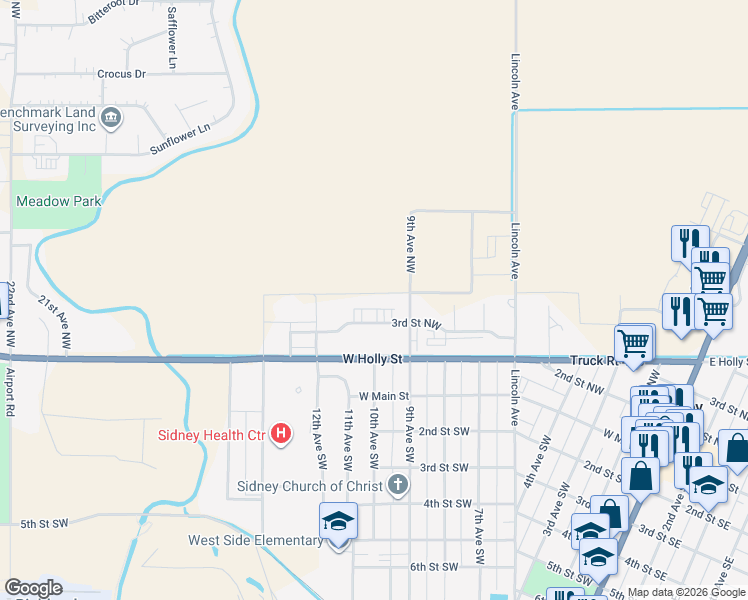 map of restaurants, bars, coffee shops, grocery stores, and more near 907 3rd Street Northwest in Sidney