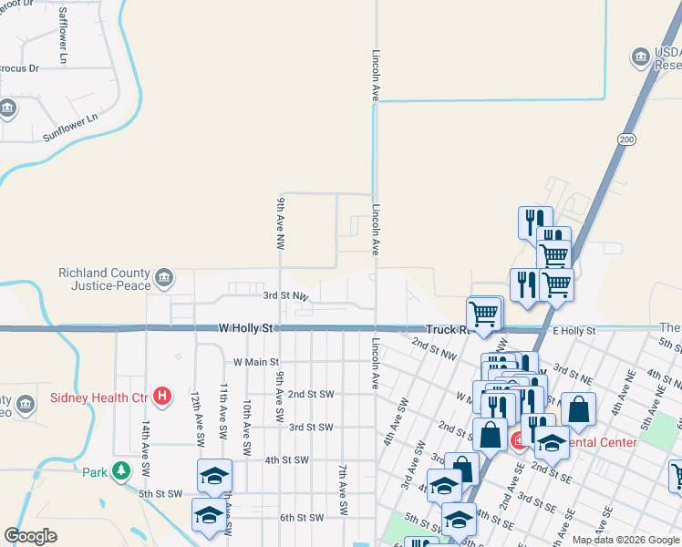 map of restaurants, bars, coffee shops, grocery stores, and more near 284 Lincoln Avenue Northwest in Sidney