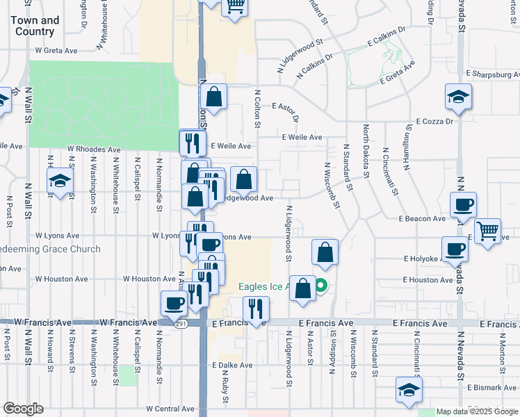 map of restaurants, bars, coffee shops, grocery stores, and more near 6720 North Division Street in Spokane
