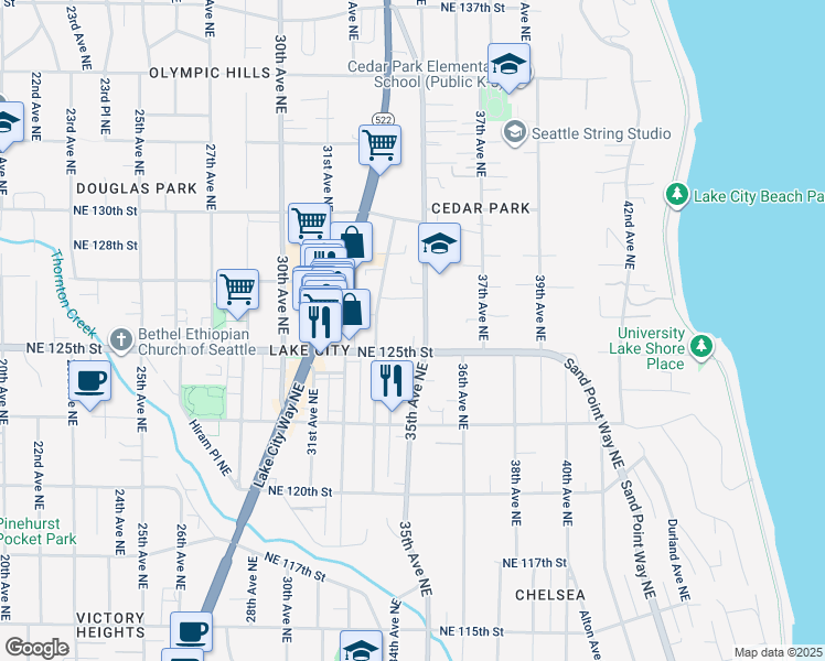 map of restaurants, bars, coffee shops, grocery stores, and more near 3316 Northeast 125th Street in Seattle