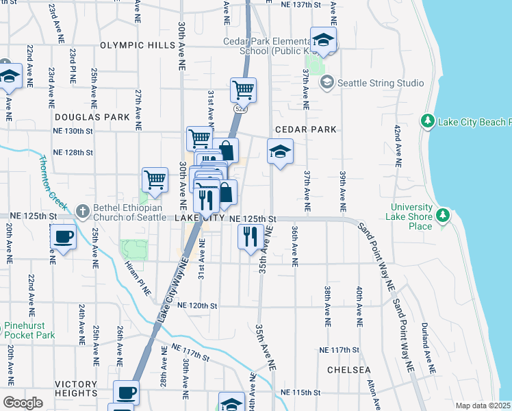 map of restaurants, bars, coffee shops, grocery stores, and more near 3316 Northeast 125th Street in Seattle