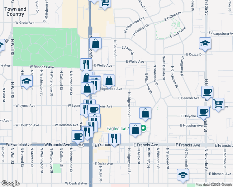 map of restaurants, bars, coffee shops, grocery stores, and more near 6720 North Division Street in Spokane